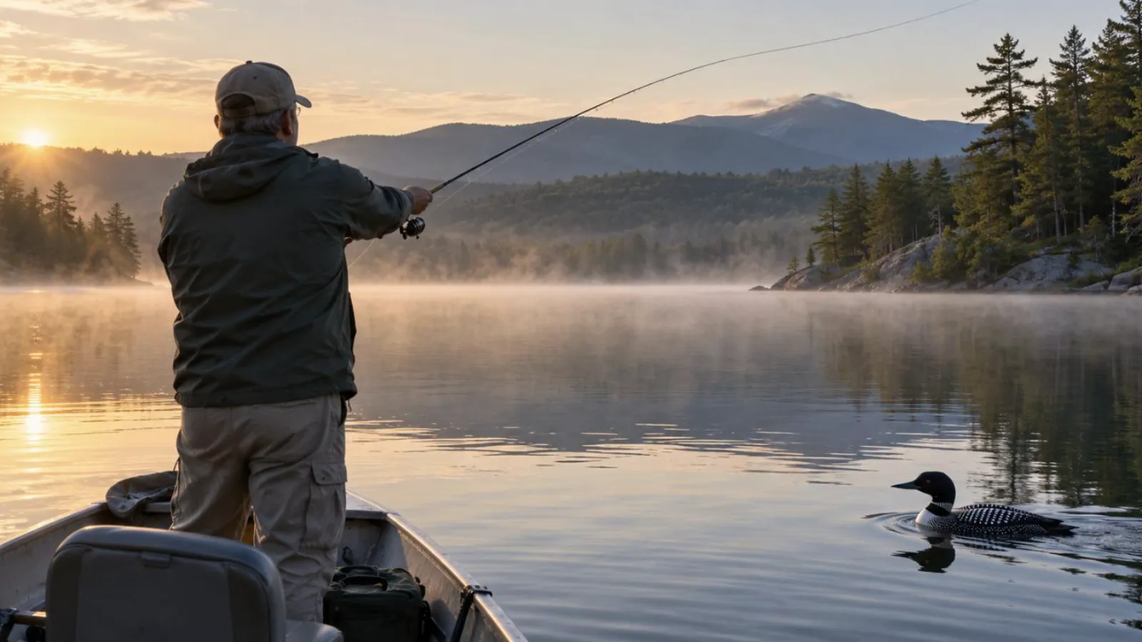 An angler casting from a small boat on a misty New Hampshire lake at dawn as a loon swims nearby
