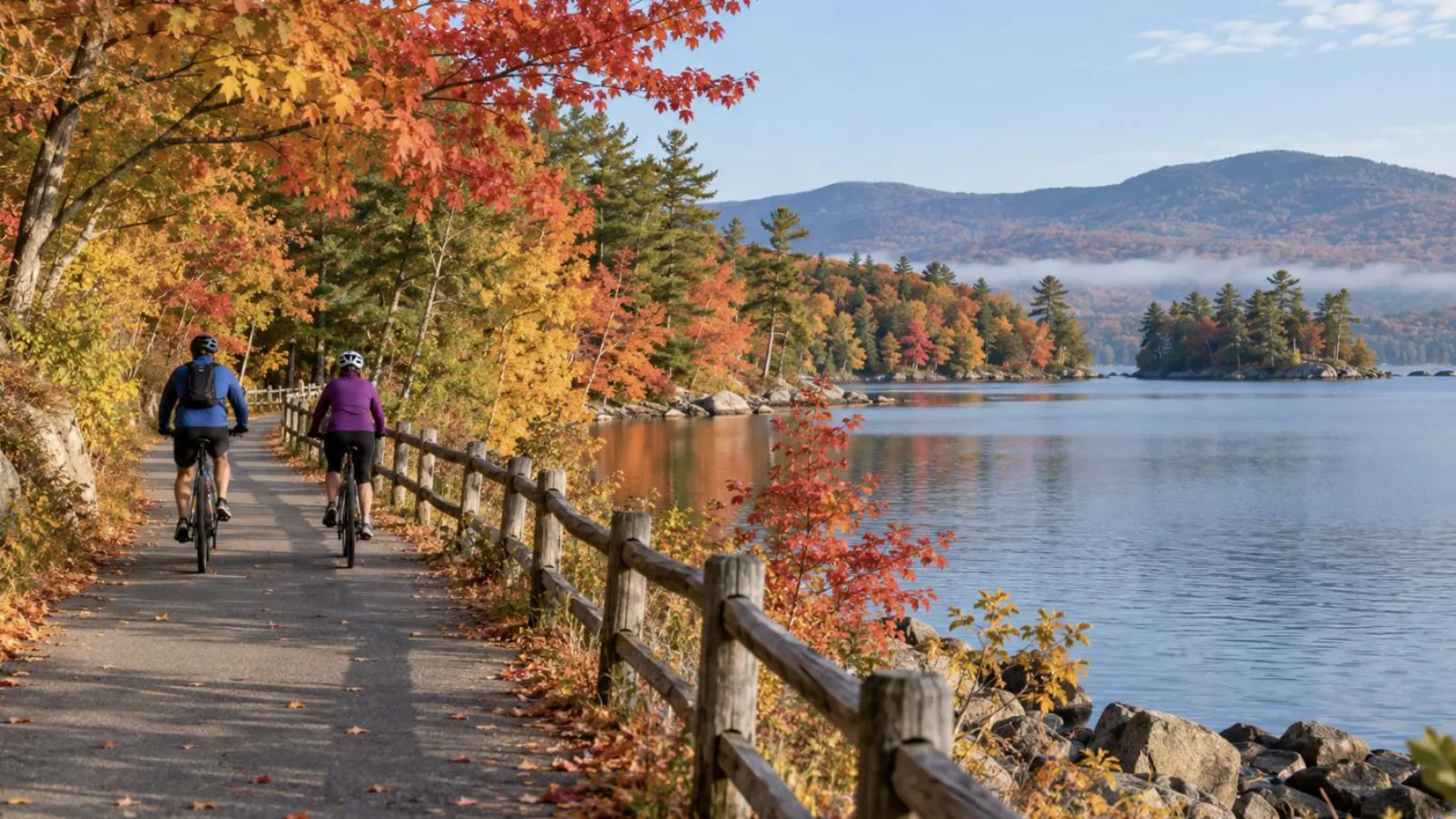 Two cyclists on a paved lakeside trail in Laconia, New Hampshire, with fall foliage along the water