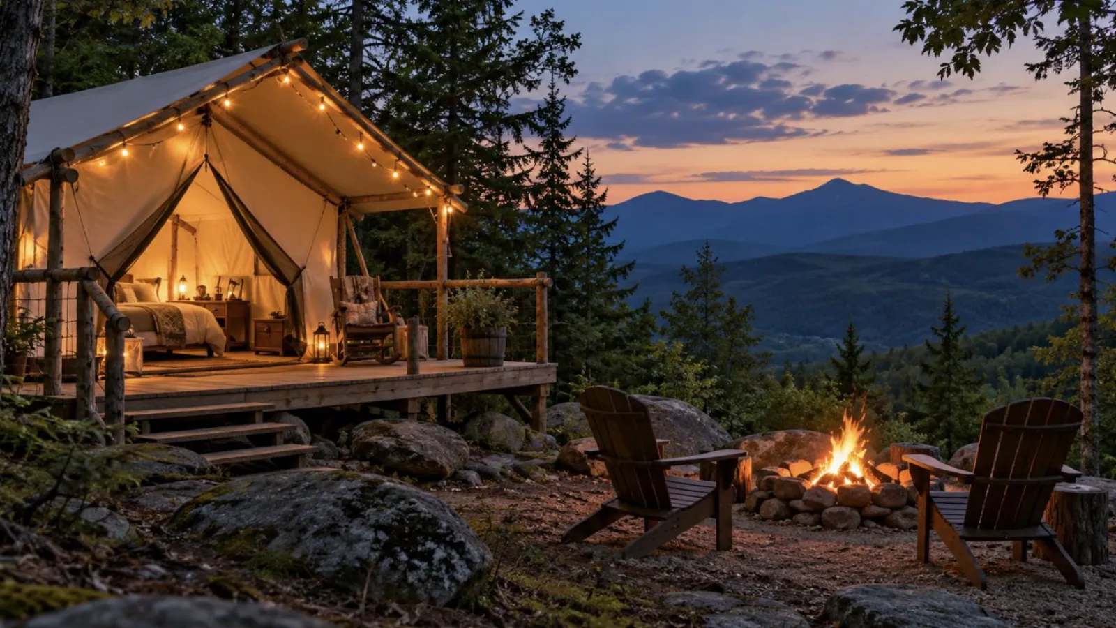 A canvas glamping tent on a wooden platform at dusk, with a campfire and the White Mountains beyond