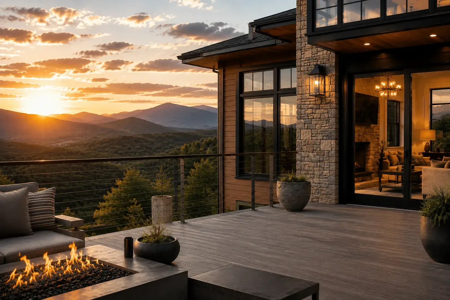 A mountain home's deck at sunset overlooking the valley