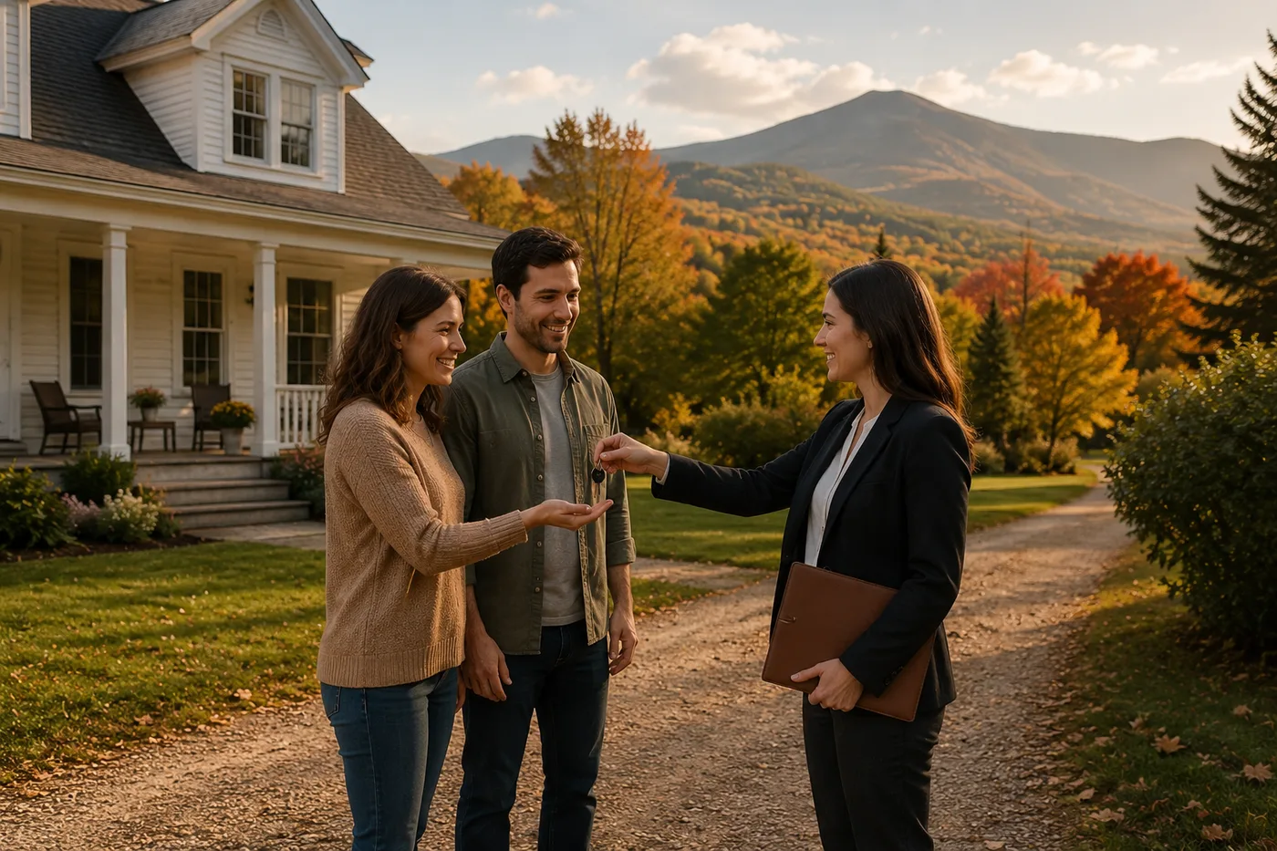 An Owl's Nest agent handing house keys to a couple outside their new White Mountains home