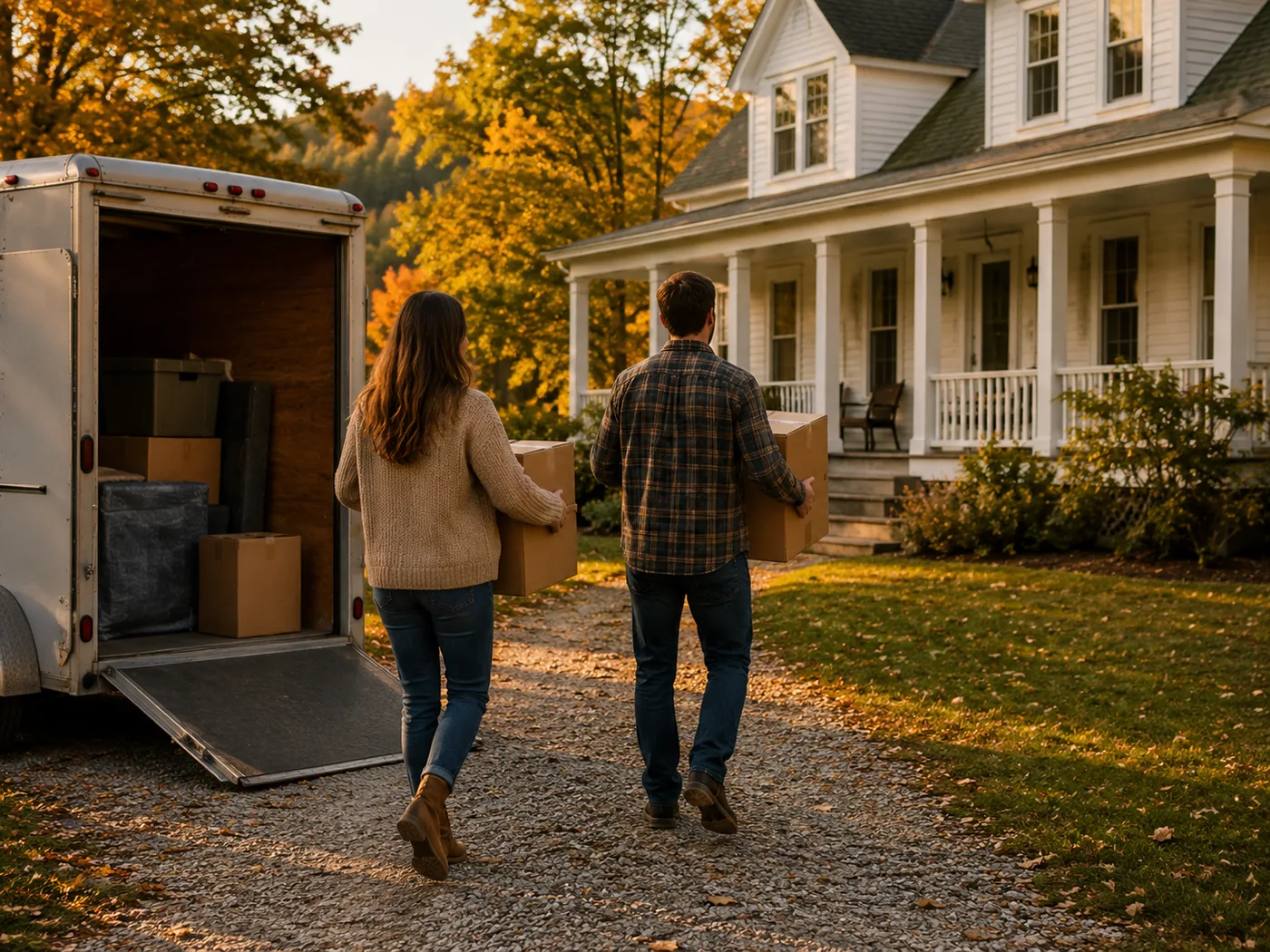 A couple carrying moving boxes into their new New Hampshire home