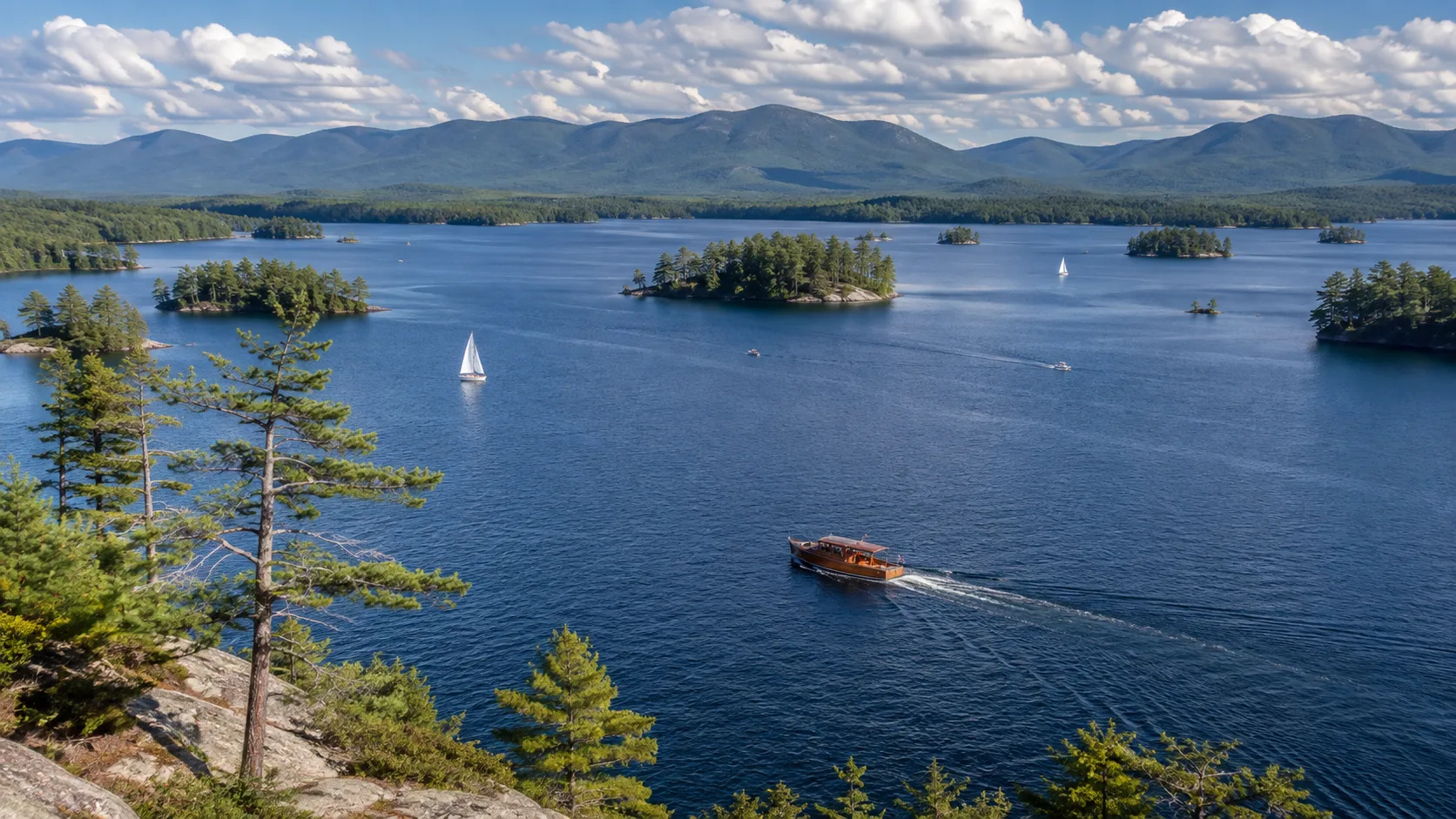 Evening light on a calm New Hampshire lake with forested hills behind it