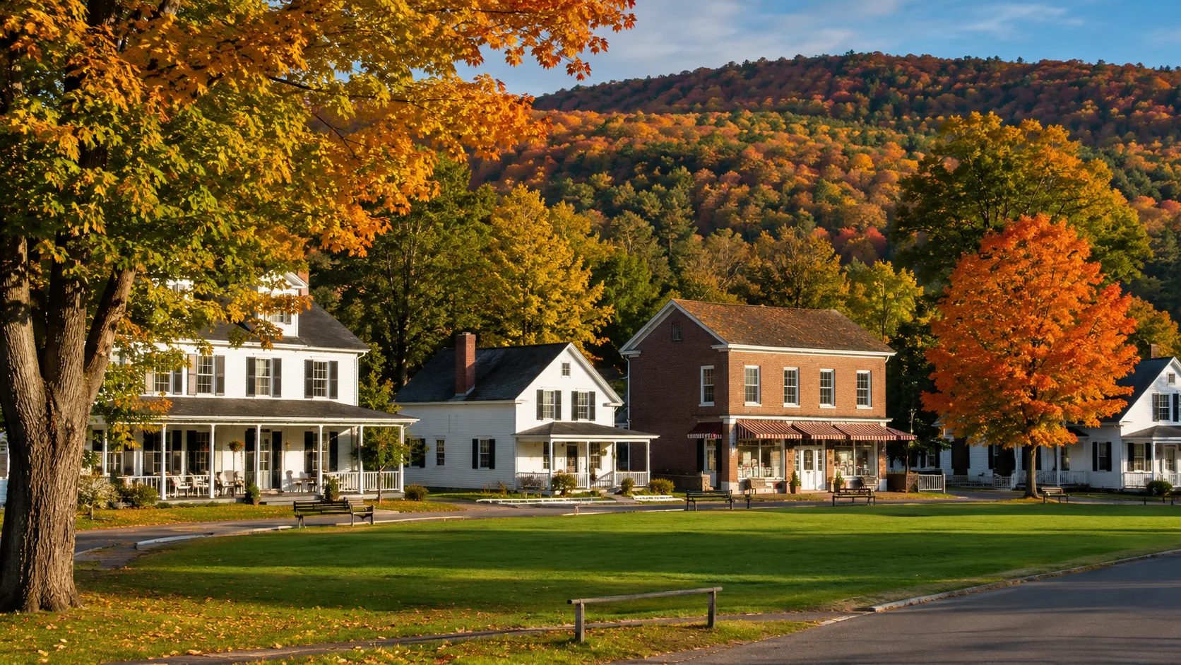 A New Hampshire farmhouse in early winter with a full woodshed and mountains behind it