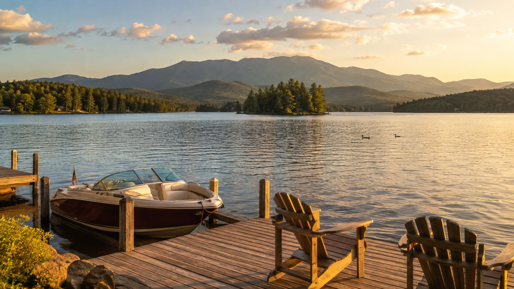 Boats on Lake Winnipesaukee with the Ossipee mountains behind