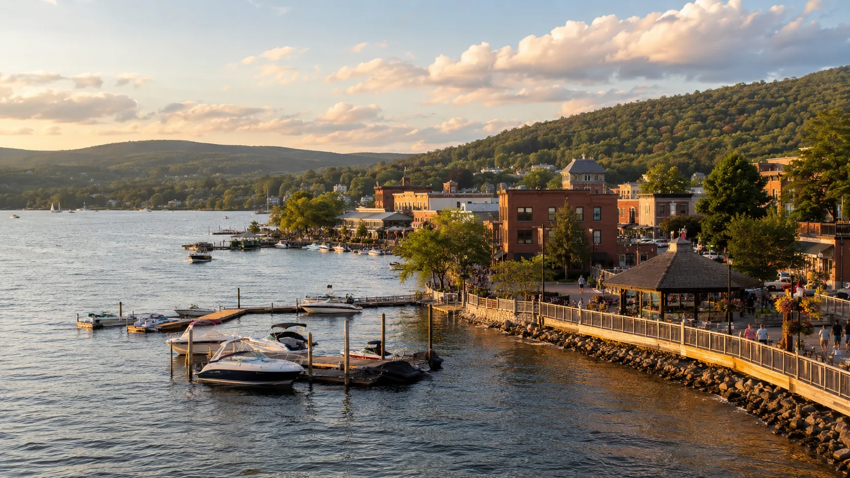 Weirs Beach and Lake Winnipesaukee viewed from above at sunset