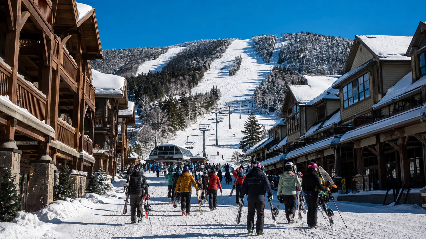 Skiers on a snowy New Hampshire mountain with the White Mountains stretching behind them